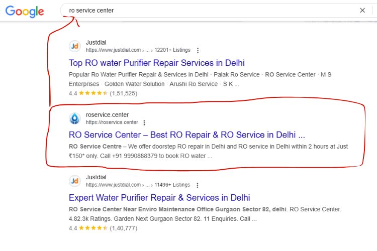 Google search ranking for 'RO service center' showcasing SEO benefits