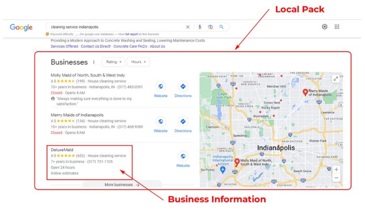 GMB Local Pack results with business information